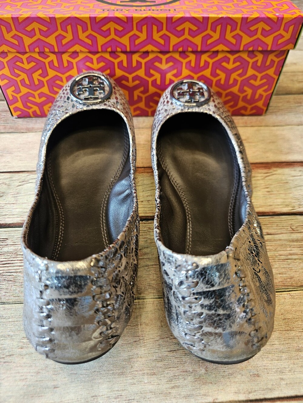 Tory Burch Heidi Metallic Snake-Embossed Leather Ballet Flats - Picture 5 of 9